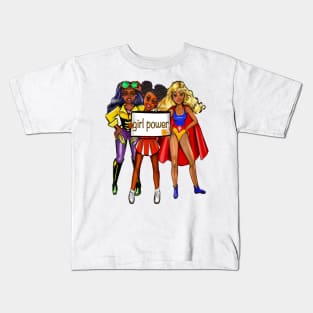 Girl power anime girl cheerleader, superhero and explorer - diverse group with Afro hair in puffs, blond hair, black hair, dimples, brown eyes and green eyes Kids T-Shirt